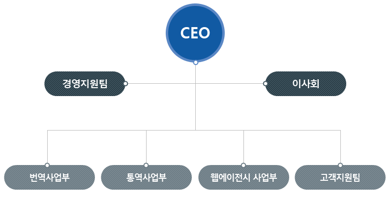 CEO, 경영지원팀, 이사회, 번역사업부, 통역사업부, 웹에이전시 사업부, 고객지원팀